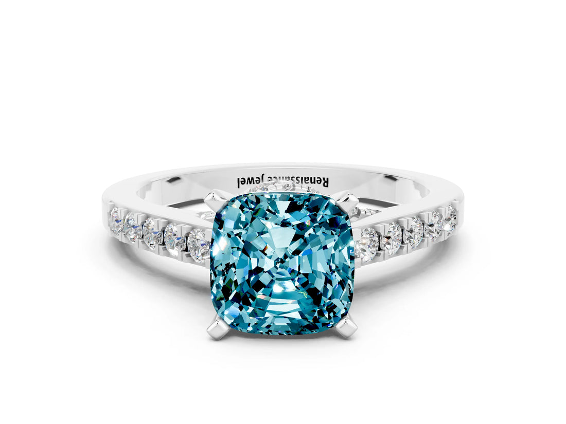 White gold Cushion Cut Diamond Solitaire Ring with Pavé Band and Prong Setting