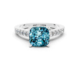 White gold Cushion Cut Diamond Solitaire Ring with Pavé Band and Prong Setting
