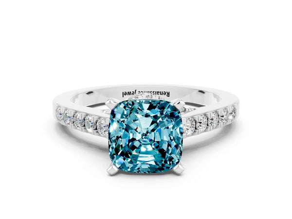Silver Cushion Cut Blue Topaz Solitaire Ring with Crossover Gallery and Round  Pavé Band