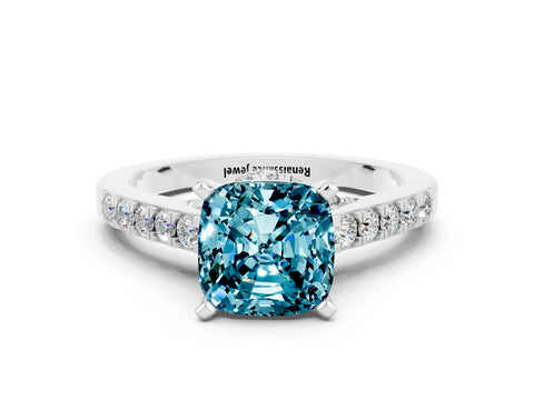 White gold Cushion Cut Diamond Solitaire Ring with Pavé Band and Prong Setting