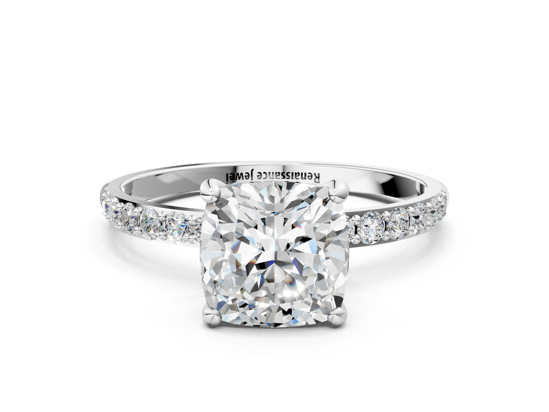 White gold Cushion Cut Diamond Solitaire Ring with Pave Band and Four Prong Setting_155