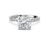 White gold Cushion Cut Diamond Solitaire Ring with Pave Band and Four Prong Setting_155