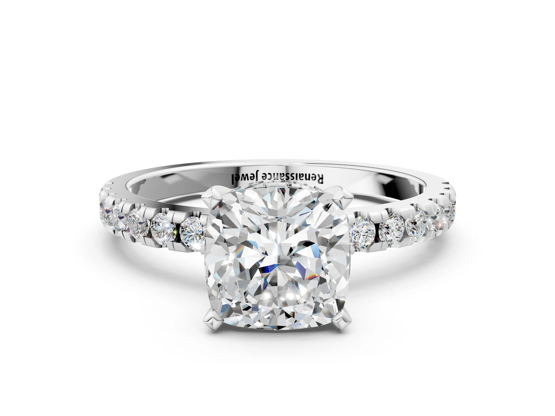 White gold Cushion Cut Diamond Solitaire Ring with Round  Pavé Band and Four-Prong Setting_65