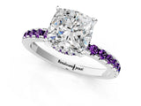 White gold Cushion Cut Diamond Solitaire Ring with Round with Amethyst side stone Pavé Band and Four-Prong Setting_1