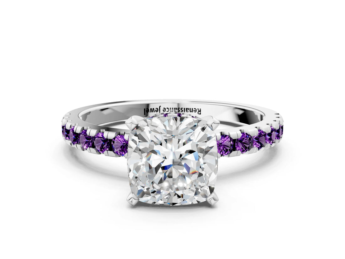 White gold Cushion Cut Diamond Solitaire Ring with Round with Amethyst side stone Pavé Band and Four-Prong Setting_12