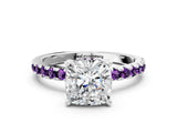 White gold Cushion Cut Diamond Solitaire Ring with Round with Amethyst side stone Pavé Band and Four-Prong Setting_12