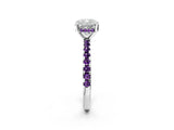 White gold Cushion Cut Diamond Solitaire Ring with Round with Amethyst side stone Pavé Band and Four-Prong Setting_2