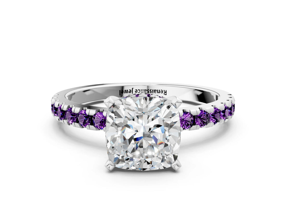 White gold Cushion Cut Diamond Solitaire Ring with Round with Amethyst side stone Pavé Band and Four-Prong Setting_36