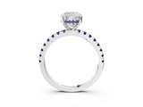 White gold Cushion Cut Diamond Solitaire Ring with Round with Amethyst side stone Pavé Band and Four-Prong Setting_3