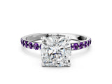 White gold Cushion Cut Diamond Solitaire Ring with Round with Amethyst side stone Pavé Band and Prong Setting