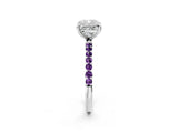 White gold Cushion Cut Diamond Solitaire Ring with Round with Amethyst side stone Pavé Band and Prong Setting_14