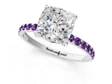 White gold Cushion Cut Diamond Solitaire Ring with Round with Amethyst side stone Pavé Band and Prong Setting_1