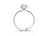 White gold Cushion Cut Diamond Solitaire Ring with Round with Amethyst side stone Pavé Band and Prong Setting_3