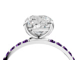 White gold Cushion Cut Diamond Solitaire Ring with Round with Amethyst side stone Pavé Band and Prong Setting_4