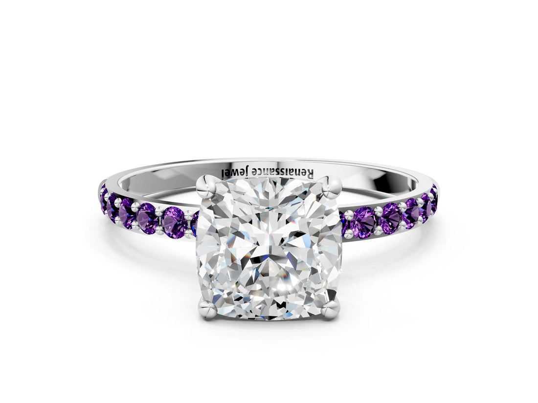 White gold Cushion Cut Diamond Solitaire Ring with Round with Amethyst side stone Pavé Band and Prong Setting