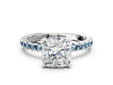 White gold Cushion Cut Diamond Solitaire Ring with Round with Aquamarine side stone Pavé Band and Four-Prong Setting