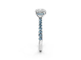 White gold Cushion Cut Diamond Solitaire Ring with Round with Aquamarine side stone Pavé Band and Four-Prong Setting_2