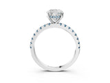 White gold Cushion Cut Diamond Solitaire Ring with Round with Aquamarine side stone Pavé Band and Four-Prong Setting_3