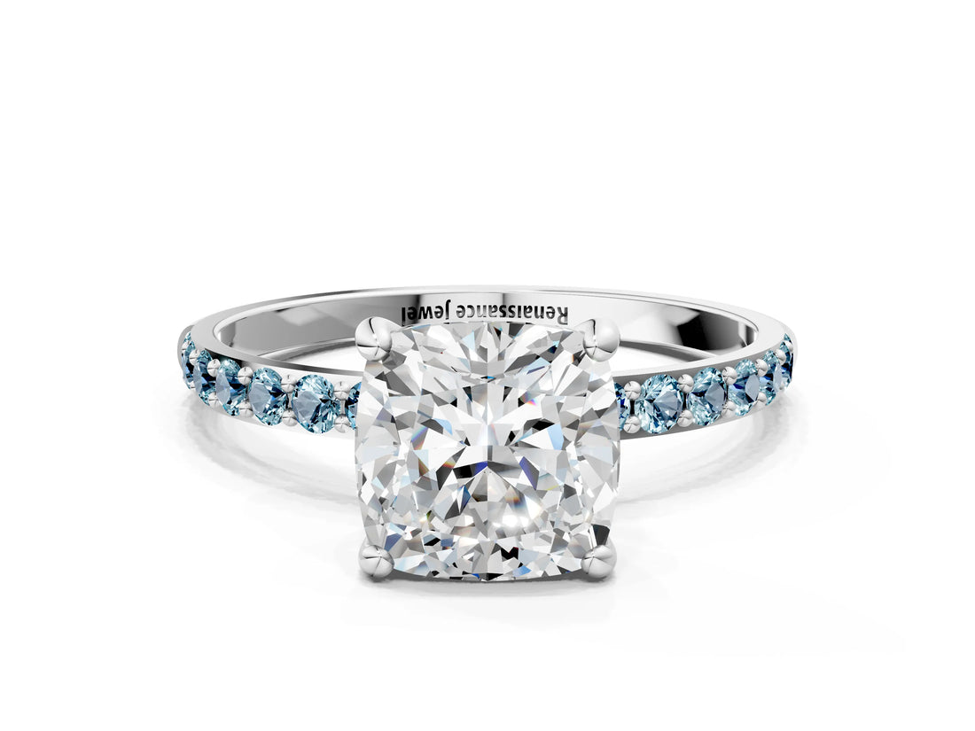 White gold Cushion Cut Diamond Solitaire Ring with Round with Aquamarine side stone Pavé Band and Prong Setting_12