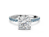 White gold Cushion Cut Diamond Solitaire Ring with Round with Aquamarine side stone Pavé Band and Prong Setting_12