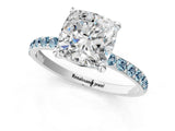 White gold Cushion Cut Diamond Solitaire Ring with Round with Aquamarine side stone Pavé Band and Prong Setting_13