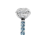 White gold Cushion Cut Diamond Solitaire Ring with Round with Aquamarine side stone Pavé Band and Prong Setting_17