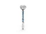 White gold Cushion Cut Diamond Solitaire Ring with Round with Aquamarine side stone Pavé Band and Prong Setting_26