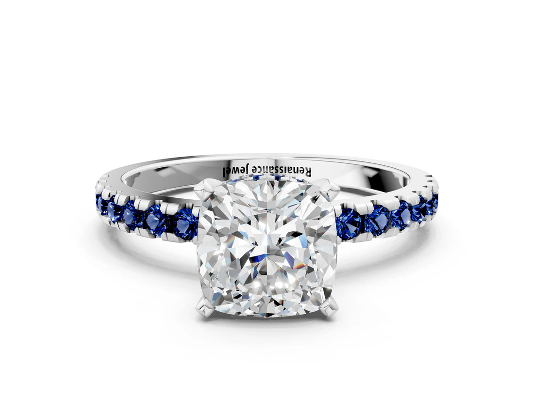 White gold Cushion Cut Diamond Solitaire Ring with Round with Blue Sapphire side stone Pavé Band and Four-Prong Setting_12