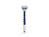 White gold Cushion Cut Diamond Solitaire Ring with Round with Blue Sapphire side stone Pavé Band and Four-Prong Setting_14