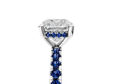White gold Cushion Cut Diamond Solitaire Ring with Round with Blue Sapphire side stone Pavé Band and Four-Prong Setting_17