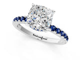 White gold Cushion Cut Diamond Solitaire Ring with Round with Blue Sapphire side stone Pavé Band and Four-Prong Setting_37