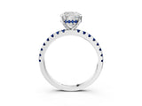 White gold Cushion Cut Diamond Solitaire Ring with Round with Blue Sapphire side stone Pavé Band and Four-Prong Setting_3