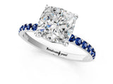 White gold Cushion Cut Diamond Solitaire Ring with Round with Blue Sapphire side stone Pavé Band and Prong Setting_1