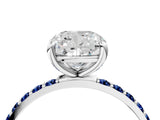 White gold Cushion Cut Diamond Solitaire Ring with Round with Blue Sapphire side stone Pavé Band and Prong Setting_16