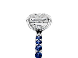 White gold Cushion Cut Diamond Solitaire Ring with Round with Blue Sapphire side stone Pavé Band and Prong Setting_17