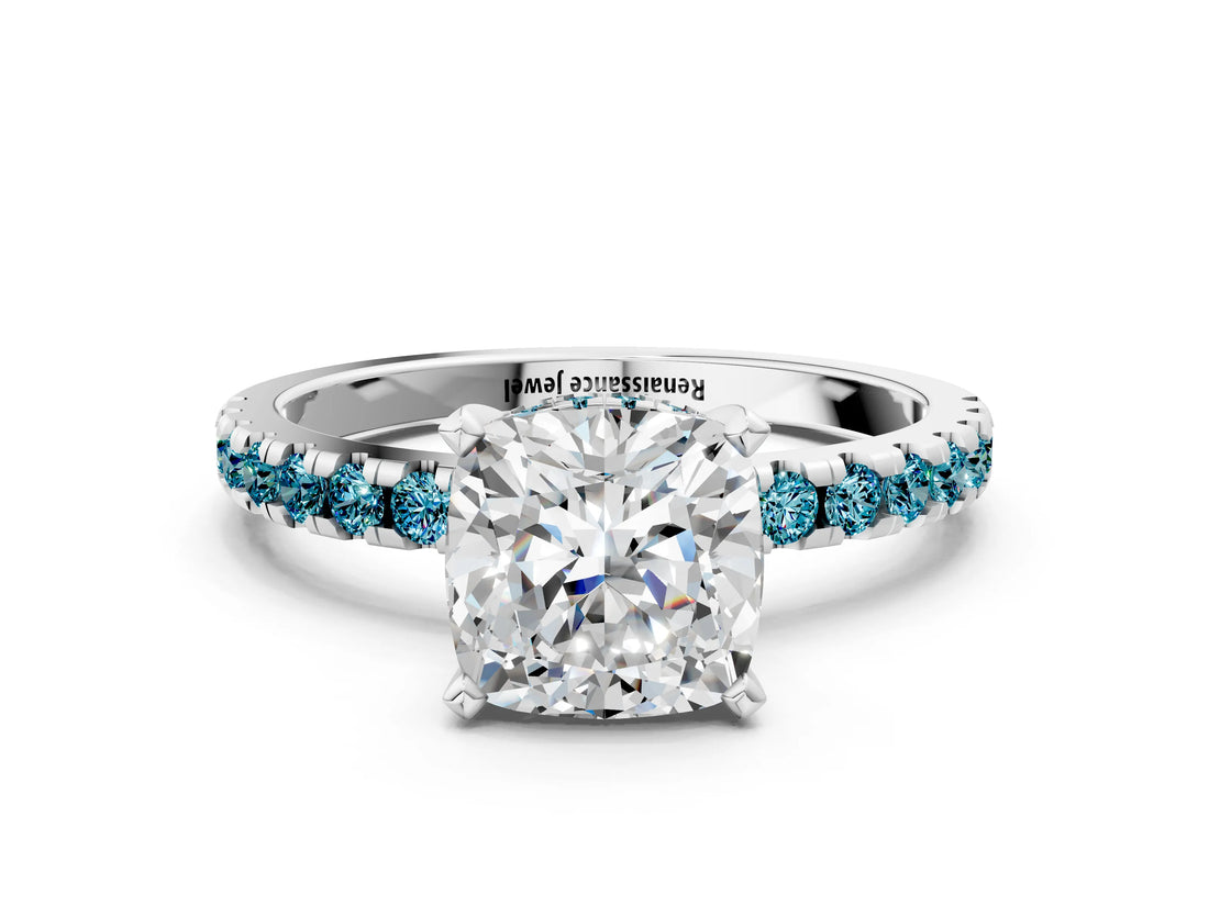 White gold Cushion Cut Diamond Solitaire Ring with Round with Blue Topaz side stone Pavé Band and Four-Prong Setting