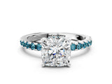 White gold Cushion Cut Diamond Solitaire Ring with Round with Blue Topaz side stone Pavé Band and Four-Prong Setting