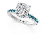 White gold Cushion Cut Diamond Solitaire Ring with Round with Blue Topaz side stone Pavé Band and Four-Prong Setting_1