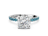 White gold Cushion Cut Diamond Solitaire Ring with Round with Blue Topaz side stone Pavé Band and Prong Setting_12