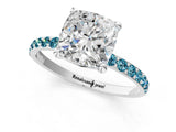 White gold Cushion Cut Diamond Solitaire Ring with Round with Blue Topaz side stone Pavé Band and Prong Setting_13