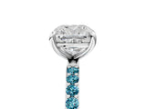 White gold Cushion Cut Diamond Solitaire Ring with Round with Blue Topaz side stone Pavé Band and Prong Setting_17