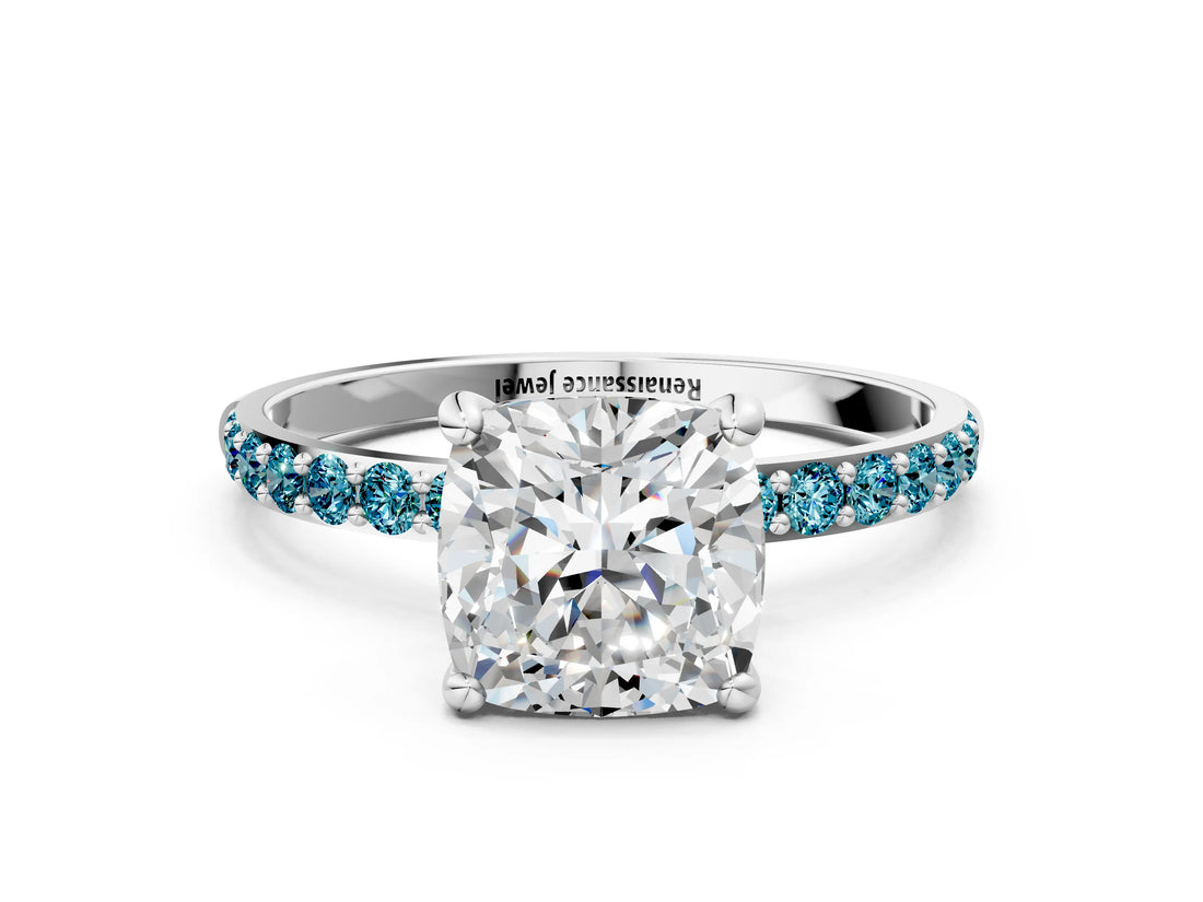 White gold Cushion Cut Diamond Solitaire Ring with Round with Blue Topaz side stone Pavé Band and Prong Setting_24