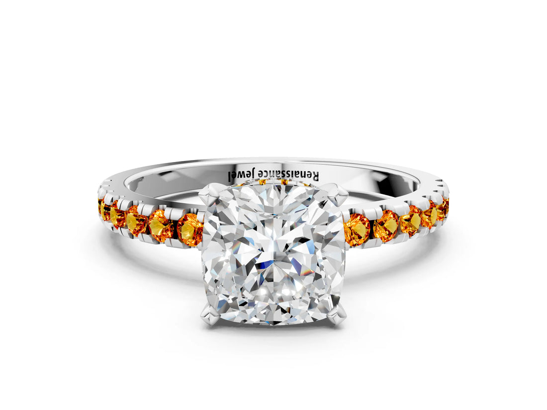 White gold Cushion Cut Diamond Solitaire Ring with Round with Citrine side stone Pavé Band and Four-Prong Setting_24