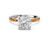 White gold Cushion Cut Diamond Solitaire Ring with Round with Citrine side stone Pavé Band and Prong Setting