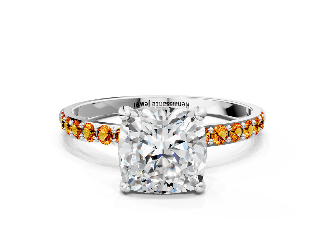 White gold Cushion Cut Diamond Solitaire Ring with Round with Citrine side stone Pavé Band and Prong Setting_12
