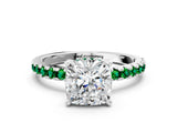 White gold Cushion Cut Diamond Solitaire Ring with Round with Emerald side stone Pavé Band and Four-Prong Setting