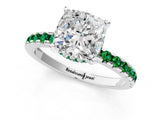 White gold Cushion Cut Diamond Solitaire Ring with Round with Emerald side stone Pavé Band and Four-Prong Setting_13
