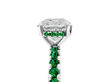 White gold Cushion Cut Diamond Solitaire Ring with Round with Emerald side stone Pavé Band and Four-Prong Setting_17