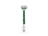 White gold Cushion Cut Diamond Solitaire Ring with Round with Emerald side stone Pavé Band and Four-Prong Setting_2