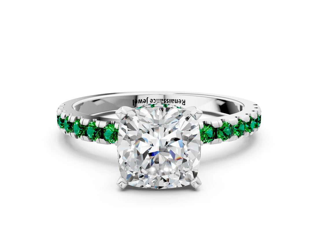 White gold Cushion Cut Diamond Solitaire Ring with Round with Emerald side stone Pavé Band and Four-Prong Setting_36